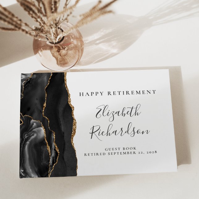 Modern Black Gold Agate Script Retirement Guest Book (Creator Uploaded)