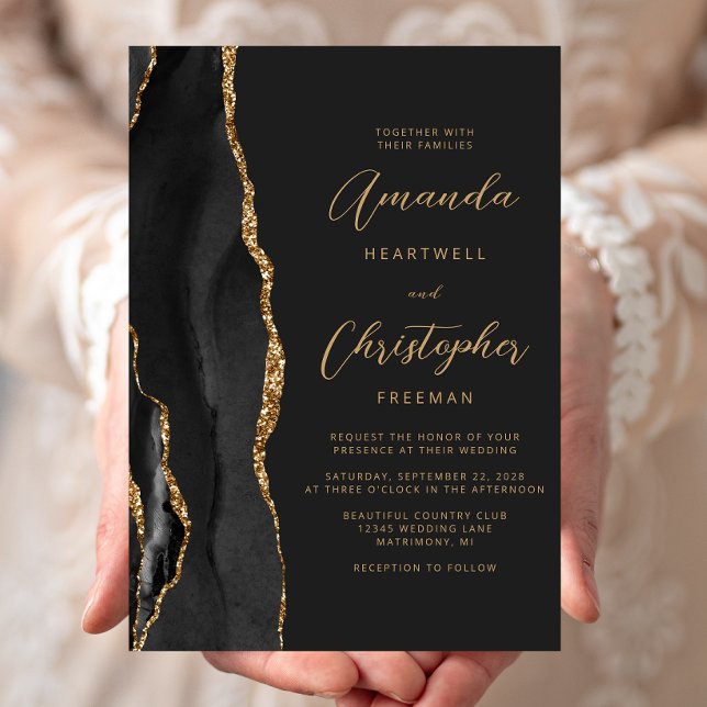 Modern Black Gold Agate Script Slate Wedding Invitation (Creator Uploaded)