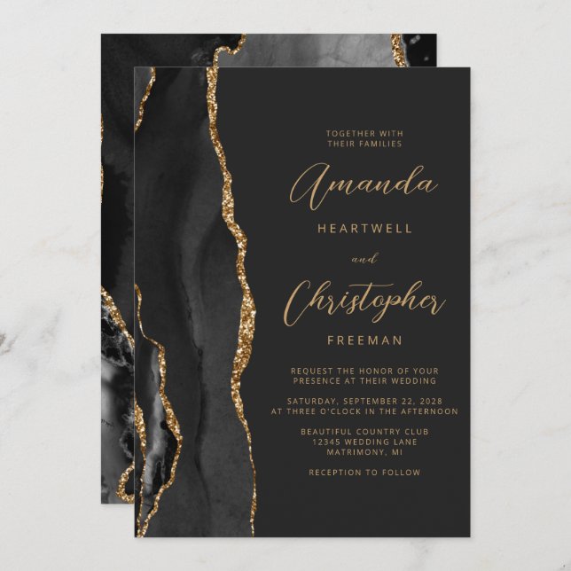 Modern Black Gold Agate Script Slate Wedding Invitation (Front/Back)