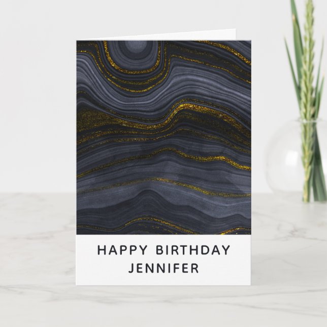 Modern Black & Gold Agate Stone Abstract Birthday Card (Front)