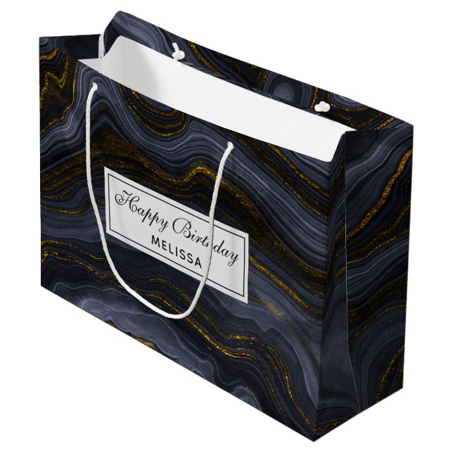 Modern Black & Gold Agate Stone Abstract Birthday Large Gift Bag (Front Angled)