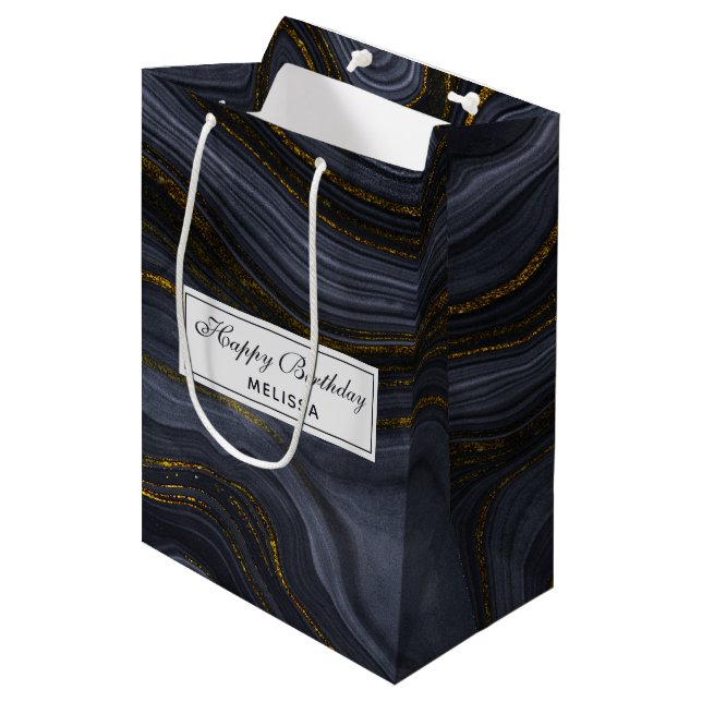 Modern Black & Gold Agate Stone Abstract Birthday Medium Gift Bag (Front Angled)
