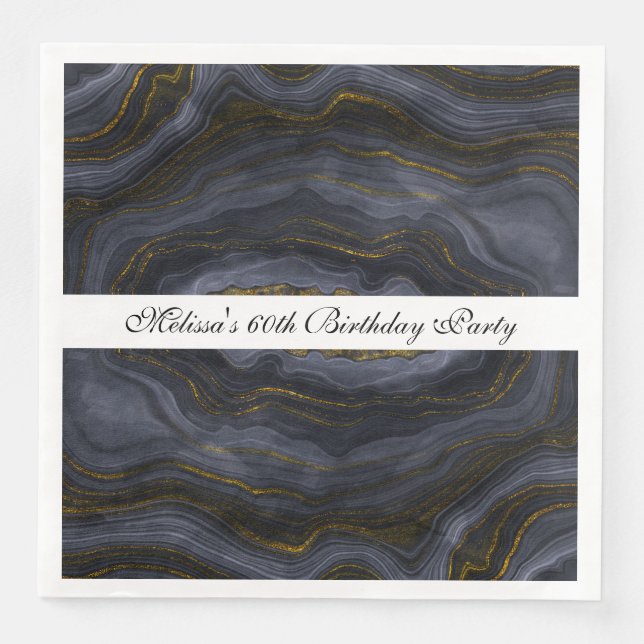 Modern Black & Gold Agate Stone Abstract Birthday Napkin (Front)