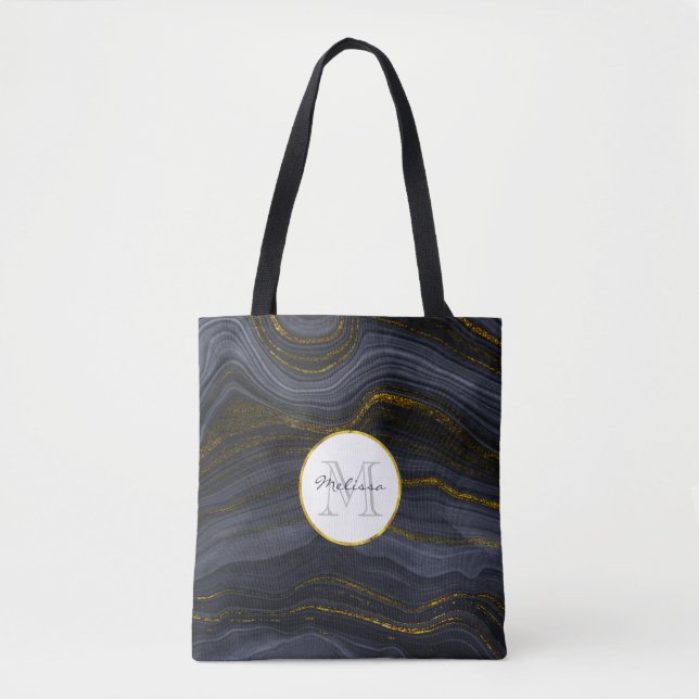 Modern Black & Gold Agate Stone Abstract Monogram Tote Bag (Front)