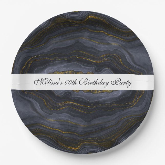 Modern Black & Gold Agate Stone Abstract Paper Plate (Front)