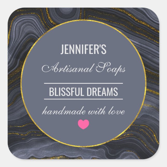 Modern Black & Gold Agate Stone Abstract Soap Square Sticker (Front)