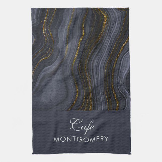 Modern Black & Gold Agate Stone Abstract Tea Towel (Vertical)