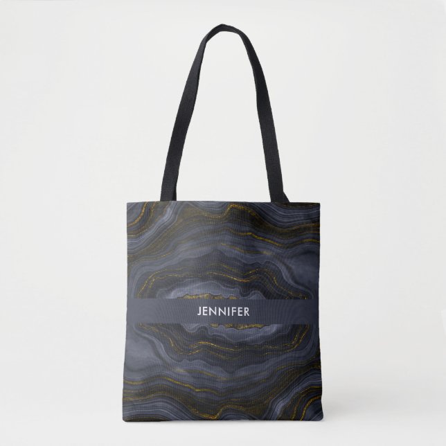Modern Black & Gold Agate Stone Abstract Tote Bag (Front)