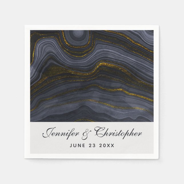 Modern Black & Gold Agate Stone Abstract Wedding Napkin (Front)