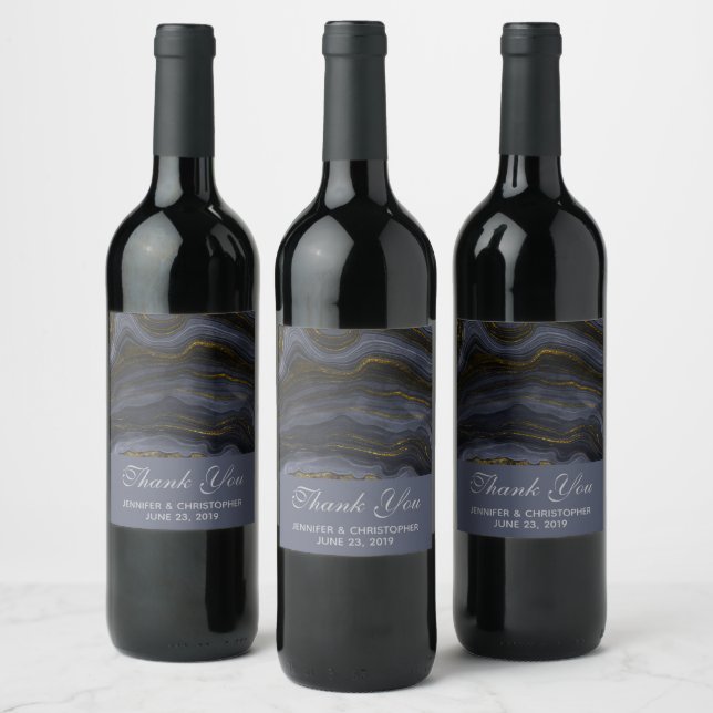 Modern Black & Gold Agate Stone Abstract Wedding Wine Label (Bottles)