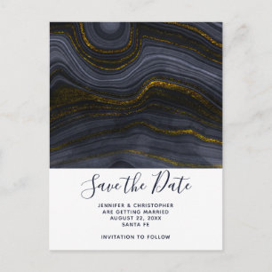 Modern Black & Gold Agate Stone Save the Date Postcard