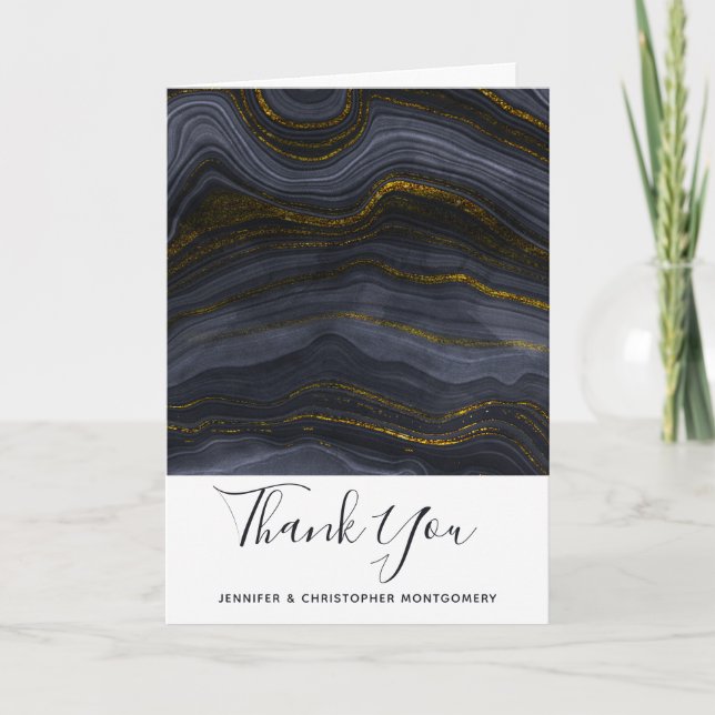 Modern Black & Gold Agate Stone Wedding Thank You Card (Front)