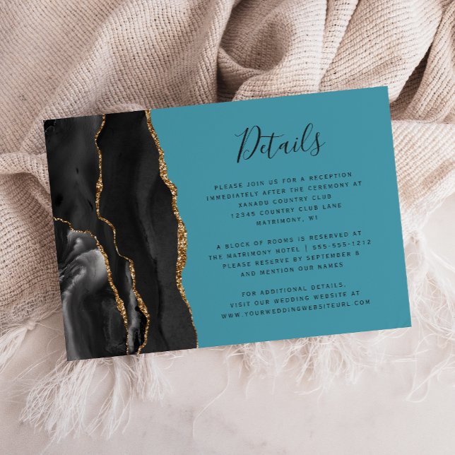 Modern Black Gold Agate Turquoise Wedding Details Enclosure Card (Creator Uploaded)