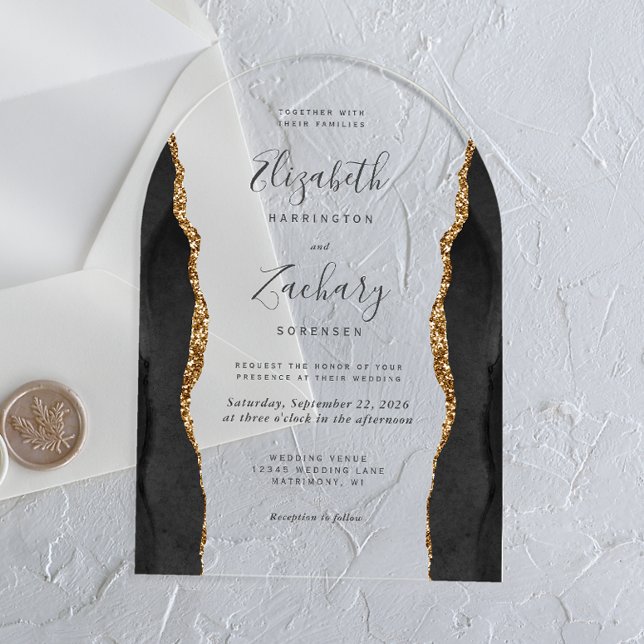 Modern Black Gold Agate Wedding Arch Acrylic Invitations (Creator Uploaded)