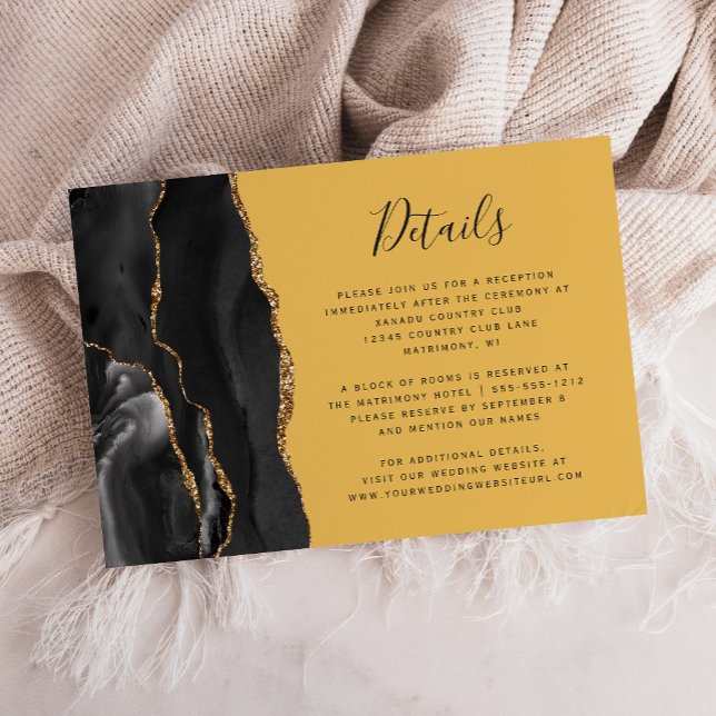 Modern Black Gold Agate Yellow Wedding Details Enclosure Card (Creator Uploaded)