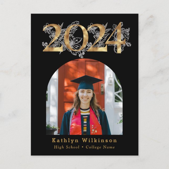 Modern Black Gold Arch Photo GRAD Invitation Postcard (Front)