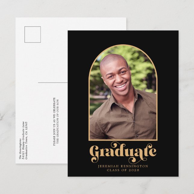 Modern Black Gold Arch Photo Graduation Announcement Postcard (Front/Back)
