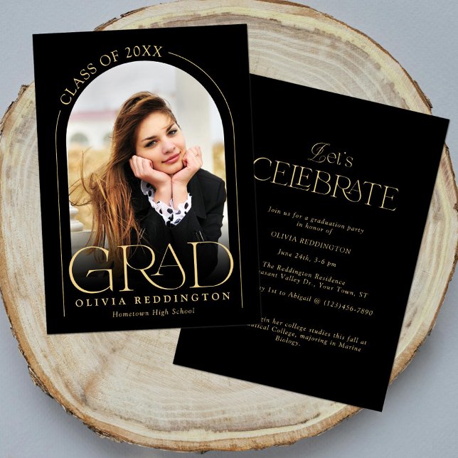 Modern Black Gold Arch Photo Graduation Party Invitation (Creator Uploaded)