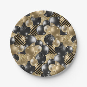 Modern Black Gold Balloon 50th Birthday Paper Plate