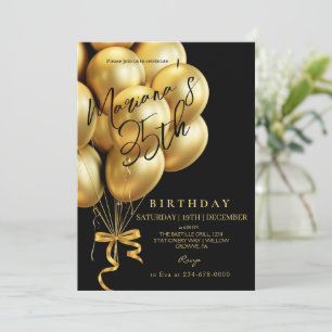 Modern Black & Gold Balloon bow Birthday Party Invitation