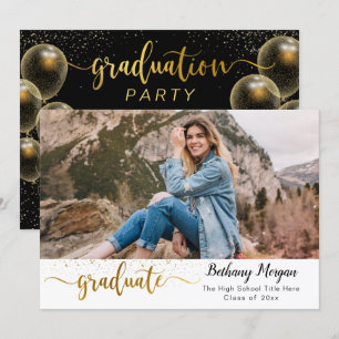 Modern Black Gold Balloon Script Graduation Photo Invitation
