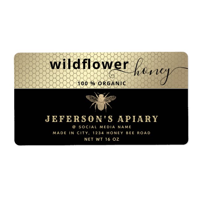 Modern black gold bee script Honey jar   (Front)