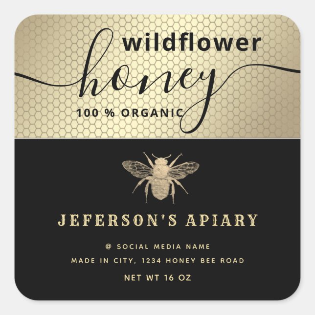 Modern black gold bee script Honey jar  Classic Ro Square Sticker (Front)