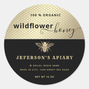 Modern black gold bee script Honey jar  Classic Round Sticker