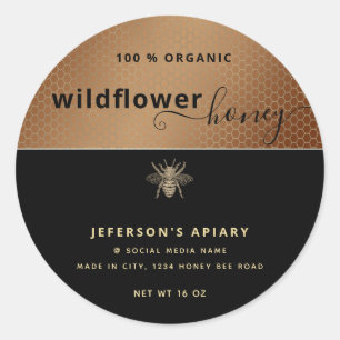 Modern black gold bee script Honey jar Classic Round Sticker