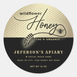 Modern black gold bee script Honey jar  Classic Round Sticker