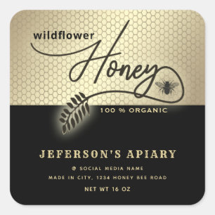 Modern black gold bee script Honey jar  Square Sticker