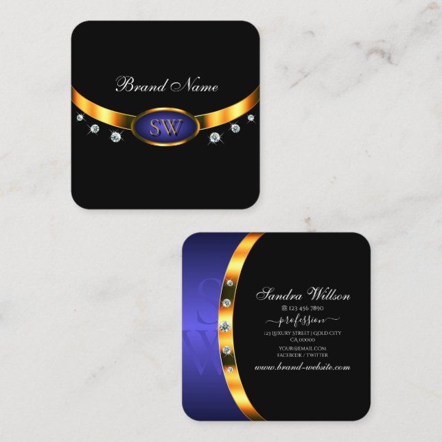 Modern Black Gold Blue with Initials and Diamonds Square Business Card (Front/Back)