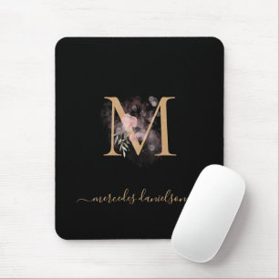 Modern Black Gold Blush Pink Floral Monogrammed  Mouse Mat