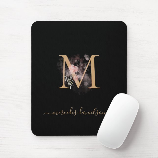 Modern Black Gold Blush Pink Floral Monogrammed  Mouse Mat (With Mouse)