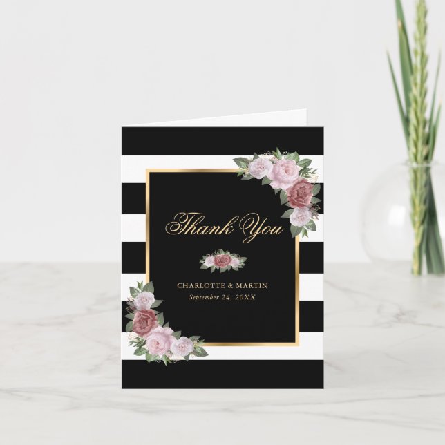 Modern Black Gold Blush Pink Floral Wedding Thank You Card (Front)
