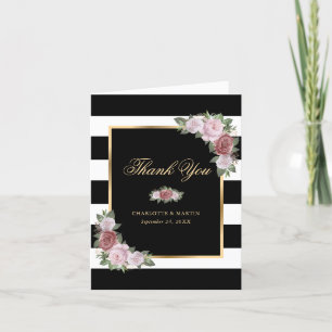 Modern Black Gold Blush Pink Floral Wedding Thank You Card