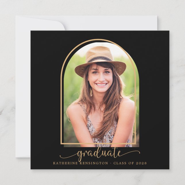 Modern Black Gold Boho Arch Photo Graduation Invitation (Front)