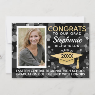 Modern Black Gold Bokeh Bubbles Photo Graduation Invitation
