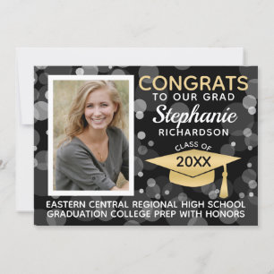 Modern Black Gold Bokeh Bubbles Photo Graduation Invitation
