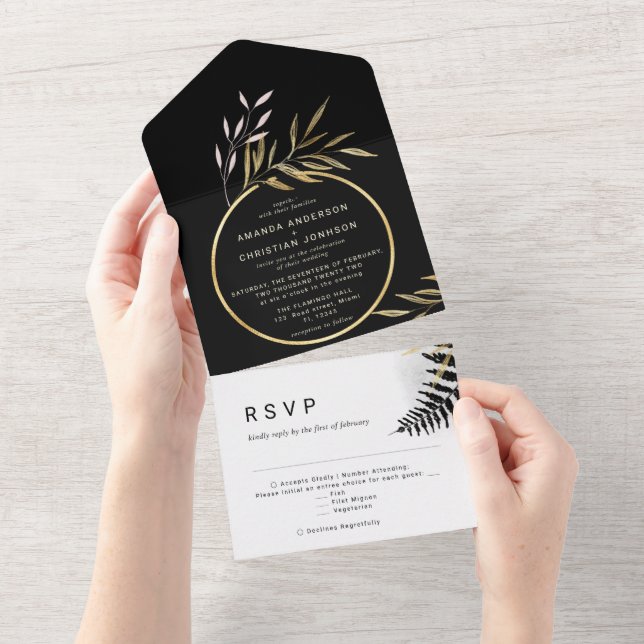 Modern Black Gold | Botanic Monstera Palm Wedding  All In One Invitation (Tearaway)