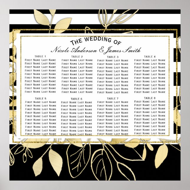Modern Black Gold Botanical Glam Weddin Seat Chart (Front)