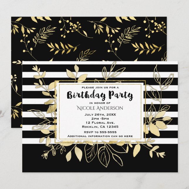 Modern Black Gold Botanical Glamour Birthday Party Invitation (Front/Back)