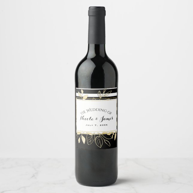 Modern Black Gold Botanical Glamour Chic Wine Label (Front)