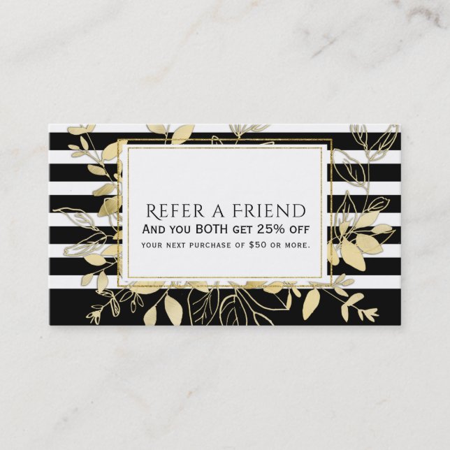Modern Black Gold Botanical Glamour Refer a Friend Referral Card (Front)