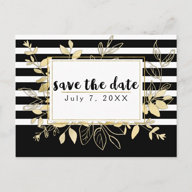 Modern Black Gold Botanical Glamour Save the Date Announcement Postcard (Front)