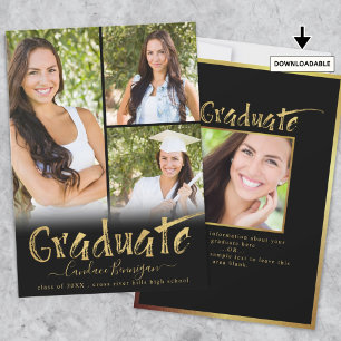 Modern Black Gold Brush Graduate Photo Collage Announcement
