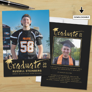 Modern Black Gold Brushstroke Graduate 2 Photos Announcement