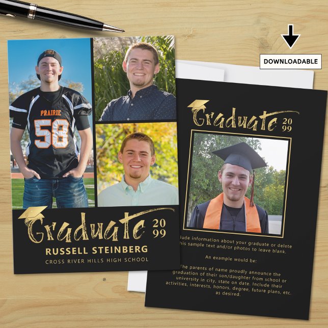 Modern Black Gold Brushstroke Graduate 4 Photos Announcement (Creator Uploaded)