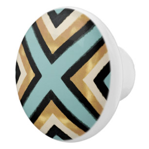 Modern Black Gold Brushstrokes Mint Geometric Ceramic Knob