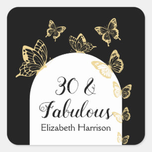 Modern Black Gold Butterflies Fabulous Birthday Square Sticker